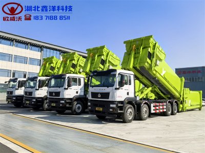 重汽汕德卡前四后八勾臂车&25方移动联体压缩箱批量出货